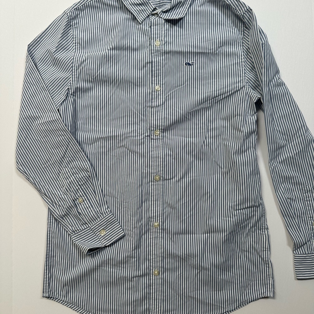 Vineyard Vines Boys Navy Striped Button Down Shirt- performance material